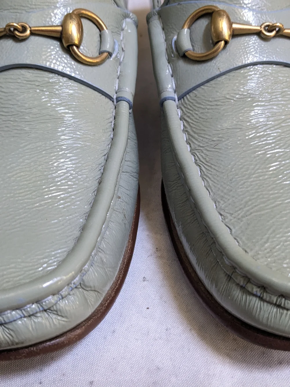 Gucci Men's Light Green Patent Leather Horsebit Loafers US 9
